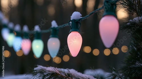 Colorful pastel christmas string lights hanging on snowy evergreen branches at night