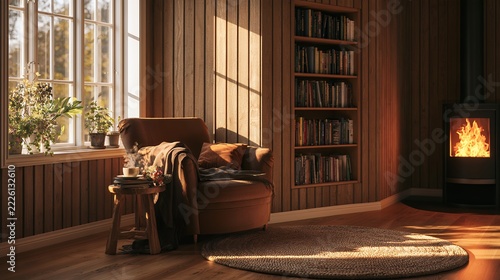 Cozy reading nook with armchair and fireplace in warm sunlit living room