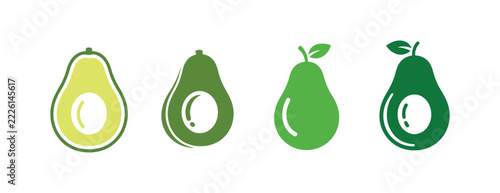 Four distinct avocado flat icon designs shown in different styles against a simple white background