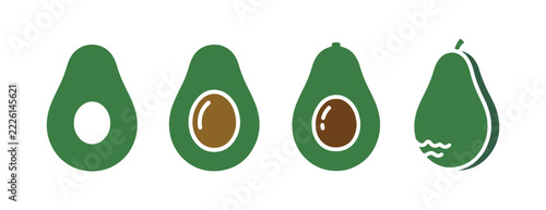 A collection of avocado flat icons featuring 4 unique styles, all displayed on a clean white backdrop