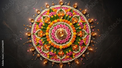 Top View Happy Diwali Flower Rangoli Pookalam with Fresh Roses, Marigolds, and Brass Diya Oil Lamps on Dark Stone. 