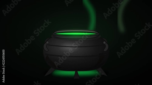 A black iron cauldron bubbling with glowing green magic potion and rising smoke