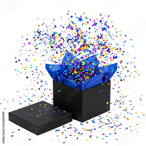 Black Friday Black Gift Box PNG With Blue Tissue Paper and Colorful Confetti Explosion