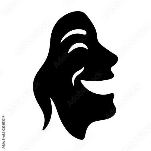 Expressive female profile silhouette with flowing hair and open mouth, black illustration