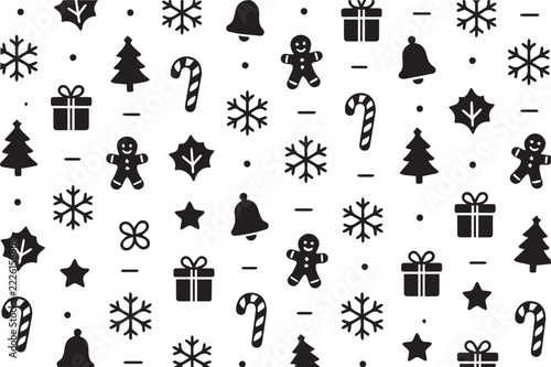 Seamless Christmas Pattern with Snowflakes, Candy Canes, Gingerbread Men and Stars, Black Vector on White Background