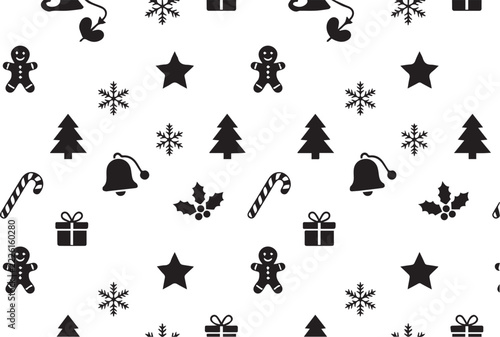 Seamless Christmas Pattern with Snowflakes, Candy Canes, Gingerbread Men and Stars, Black Vector on White Background