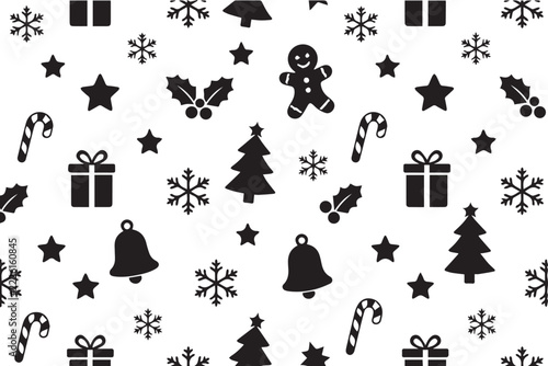 Seamless Christmas Pattern with Snowflakes, Candy Canes, Gingerbread Men and Stars, Black Vector on White Background