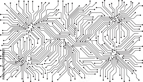 Monochrome integrated circuit layout with dense wiring pathways for industrial electronics marketing.