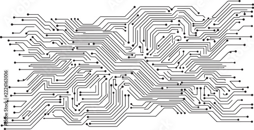 Intricate black circuit board pattern on transparent background for complex hardware system design.