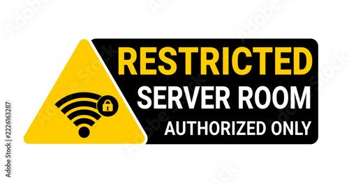 Restricted server room, cybersecurity warning sign vector. Authorized Only IT Security Badge. Yellow triangle sign with text by right on black background.