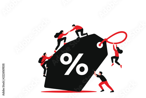 Group of people climbing a giant percent discount price tag, teamwork and big sale concept vector illustration