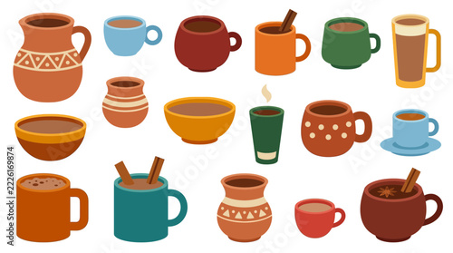 Set of various clay mugs and ceramic cups with hot drinks and spices.