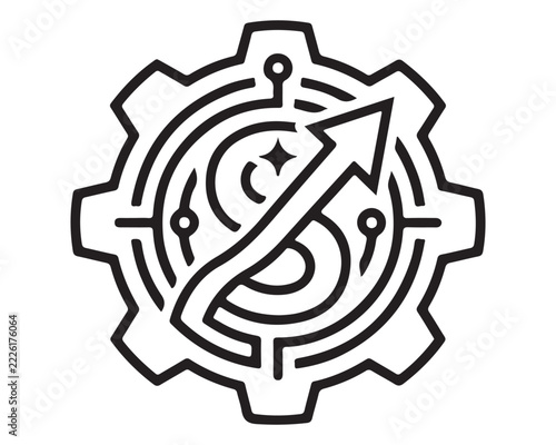 Gear wheel icon featuring an upward arrow and circular maze patterns inside.