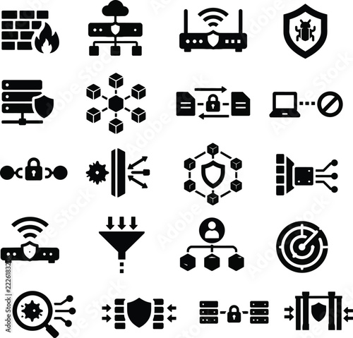 Comprehensive Cybersecurity Network Protection Firewall Server Security and Data Privacy Glyph Vector Icon Set for IT Infrastructure