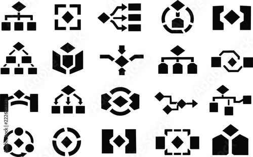 Business Process Management Flowchart and Organizational Hierarchy Glyph Vector Icon Set