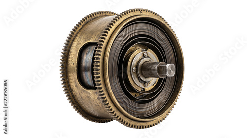 Vintage brass clockwork mechanism with mainspring barrel, antique clock gear assembly, industrial steampunk internal machinery isolated PNG with Transparent Background