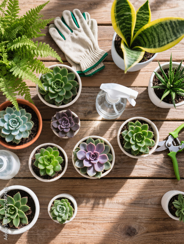 Urban Jungle Houseplants Flat Lay with Succulents, Ferns, Snake Plants and Gardening Tools in Ceramic Pots on Rustic Wooden Table