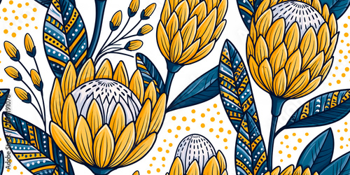 seamless pattern with African flower protea, leaves, exotic art style, ethno wallpaper