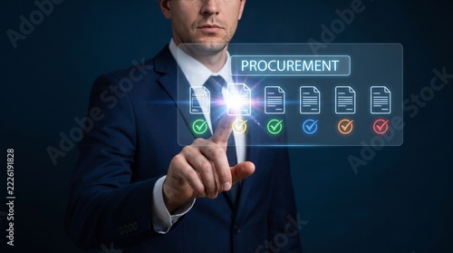 Businessman touching futuristic digital screen to manage corporate procurement process