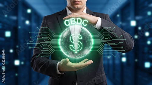 Businessman holding glowing digital currency symbol inside server room environment