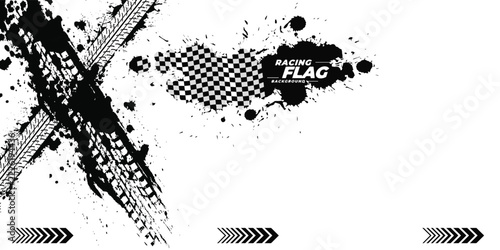 Grunge Racing Background With Tire Tracks, Checkered Flag Splatter and Dynamic Racing Arrows Graphic