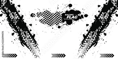 Racing Flag Grunge Background With Tire Tracks, Ink Splatter and Checkered Finish Line Design