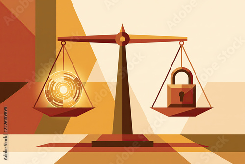 Balance Scale Weighing a Glowing Interface and a Padlock
