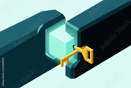 Isometric Golden Key Unlocking a Glowing Cube Between Dark Blocks