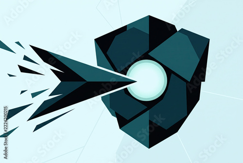 Geometric Arrow Striking a Faceted Shield with a Glowing Core