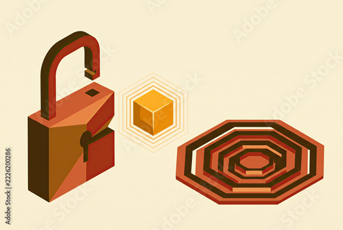 Isometric Open Padlock with Floating Glowing Cube and Platform