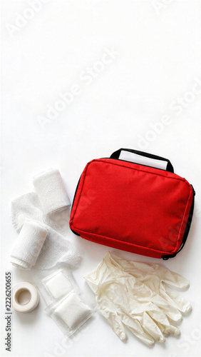 Red first aid bag with white gauze, bandage rolls, latex gloves, adhesive tape on clean white background, flat lay emergency kit