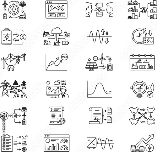 Energy Flexibility Market Platform Icons for Demand Response, Grid Balancing and Renewable Energy Trading