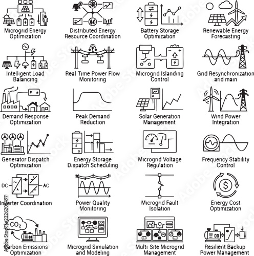 Microgrid Optimization Platforms Icons for Smart Energy Management, Renewable Power and Battery Storage Systems