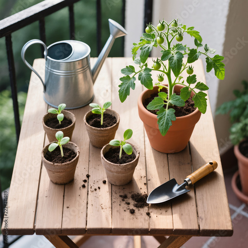Urban Balcony Gardening Flat Lay with Potted Tomato Plant, Fresh Sprouts, Watering Can and Garden Trowel on Outdoor Table in Natural Sunlight