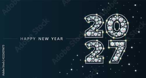 Sparkling diamond numerals 2027 and Happy New Year lettering decorate dark blue vector background. Suitable for festive greeting cards, luxury invitations and banners.