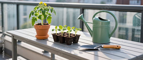 Urban Balcony Gardening Flat Lay with Potted Tomato Plant, Fresh Sprouts, Watering Can and Garden Trowel on Outdoor Table in Natural Sunlight