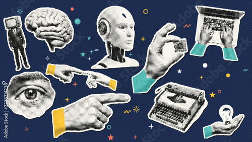 Technology and mind concept cutout stickers. Brain, robot head, eye, typewriter, laptop typing hands, light bulb and pointing finger in retro pop art halftone collage on dark blue. Vector set