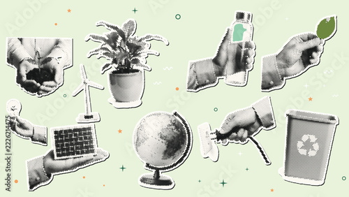 Eco sustainability concept set, hands with sprout, recycle bin, potted plant, wind turbine, solar panel and globe as retro pop art halftone collage cutout stickers on green, renewable energy vector