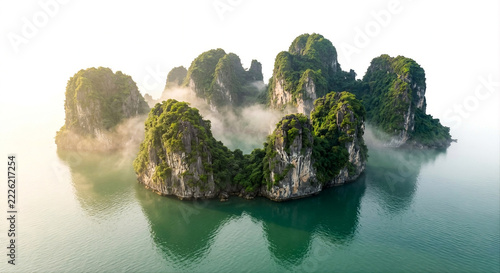 Ha Long Bay limestone islands in Vietnam in 3D minimal style