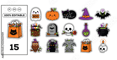 Halloween Sticker Set with Cute Ghost, Pumpkin, Black Cat, and Witch Hat Vector Illustrations