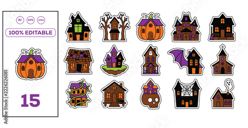 Halloween Haunted House Sticker Set, Spooky Holiday Icons, Vector Illustration Collection on White Background