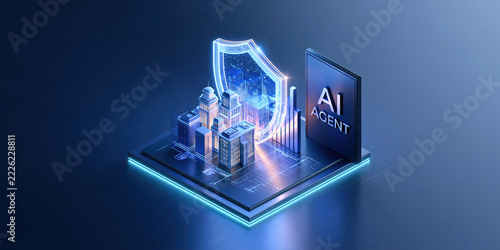 Futuristic digital city with AI agent display and glowing security shield