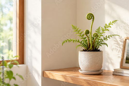 Curled fern fiddlehead in ceramic pot on shelf, home greenery and decor concept