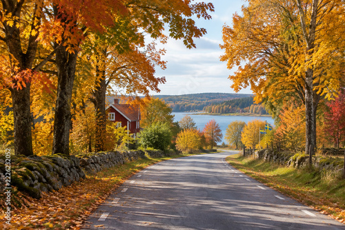 A serene autumn road lined with colorful trees in the peaceful Swedish countryside.
