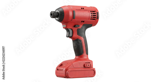 Obraz na plátně Red cordless impact driver with ergonomic grip and battery isolated on black bac
