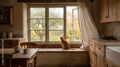 Cozy rustic country kitchen with a ginger cat sitting on a wooden windowsill, overlooking an autumn garden through open curtains.