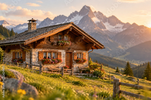 A small mountain chalet with flower boxes in golden hour light.