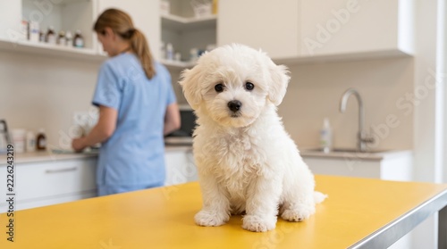 Fluffy white puppy sitting on yellow examination table at veterinary clinic