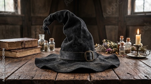 Old black witch hat with antique books herbs and candle on wooden table