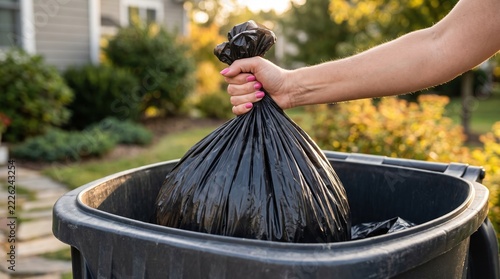 Woman with pink manicure lifting black trash bag into outdoor garbage bin
